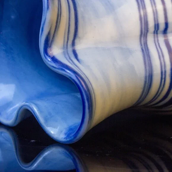 Handcrafted Blue & White Ceramic Pitcher With Swirl Design - Unique Wavy Rim - Picture 2 of 8